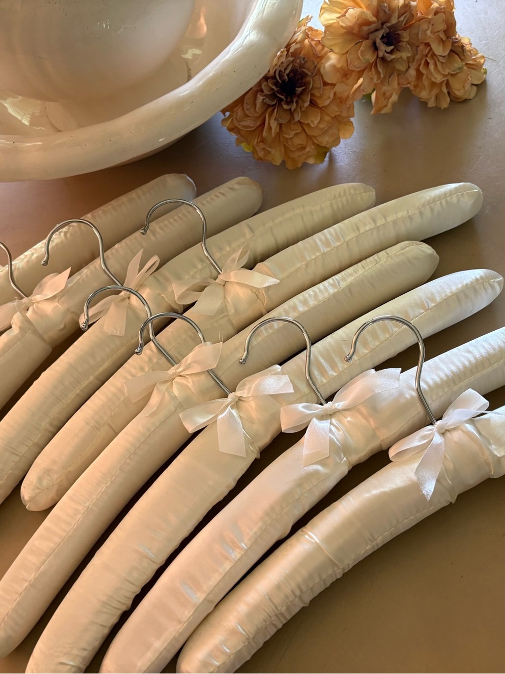Set of Satin Padded Hangers with Ribbon Bows - Cream
